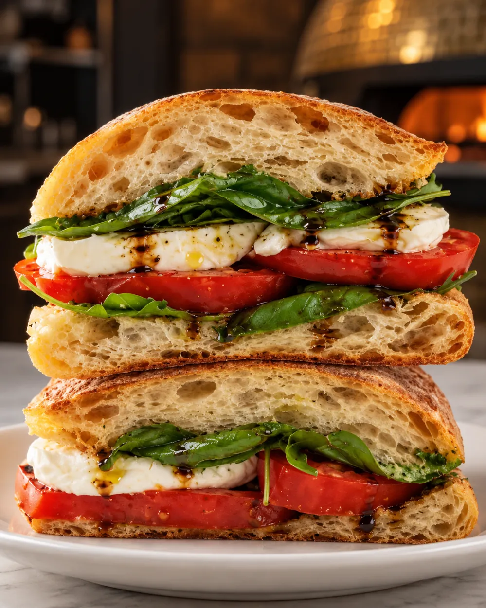The Caprese sandwich with tomato, fresh mozzarella, basil and balsamic glaze