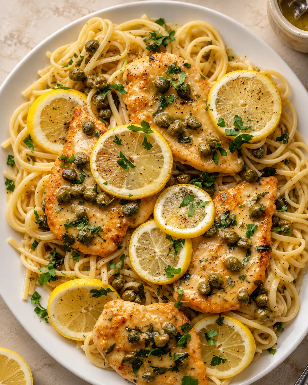 Chicken piccata with lemon, butter and capers over pasta
