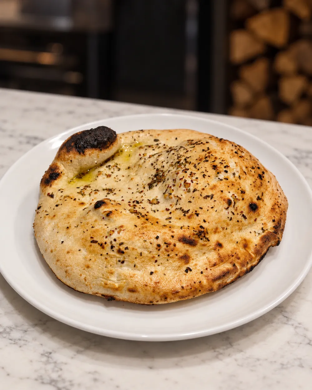 Garlic focaccia bread fresh from the wood oven